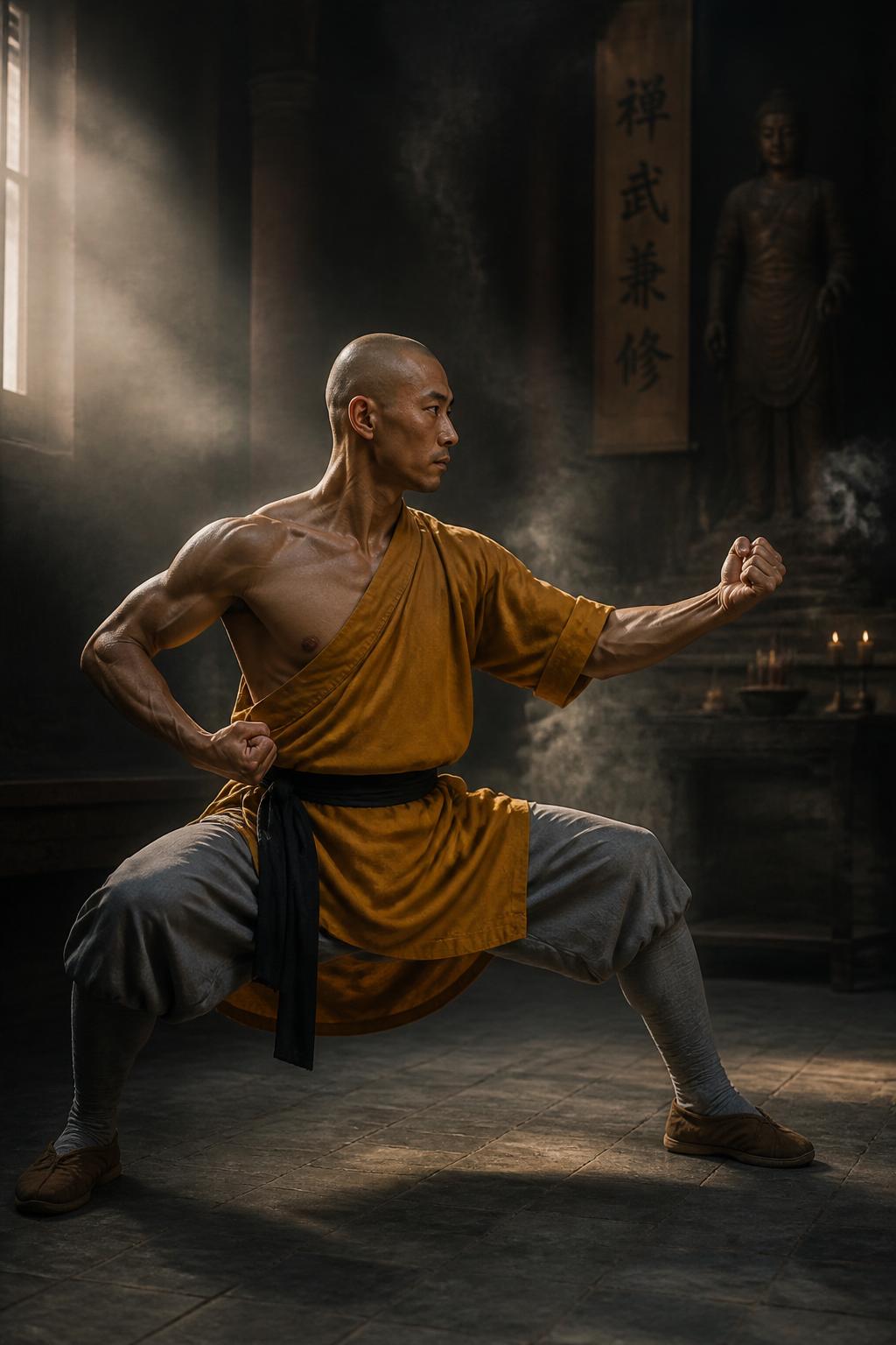 Master Yuan in a low stance at sunrise inside the Shaolin temple courtyard